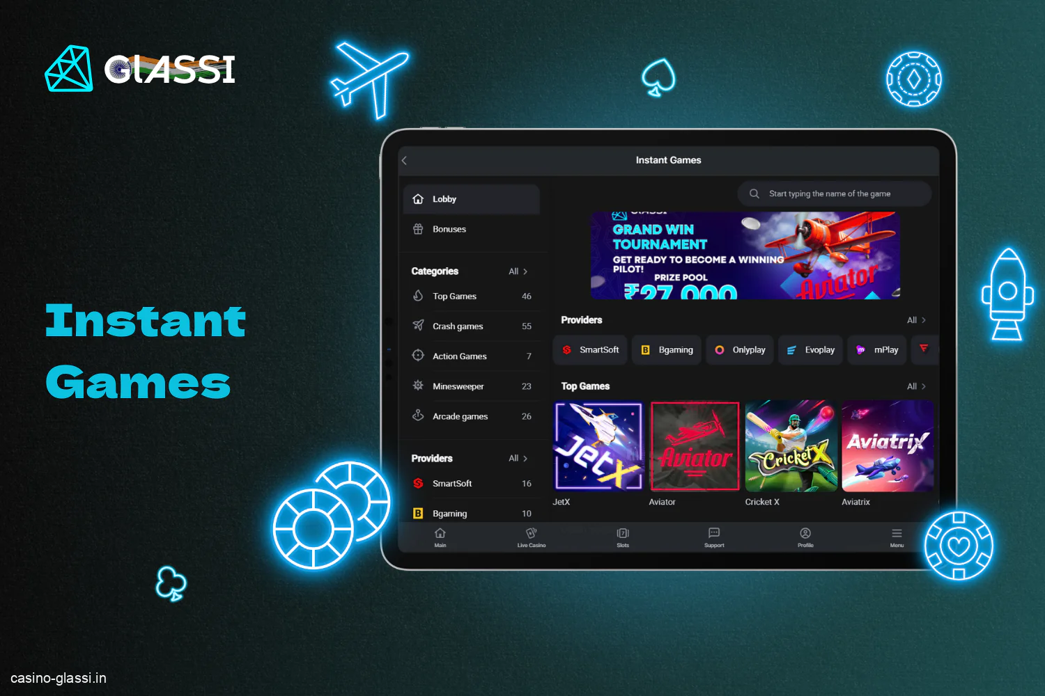 Glassi Casino offers a wide range of instant games for players from India