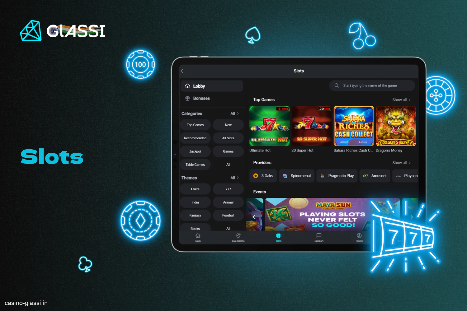 Glassi Casino offers a wide range of slots for players from India