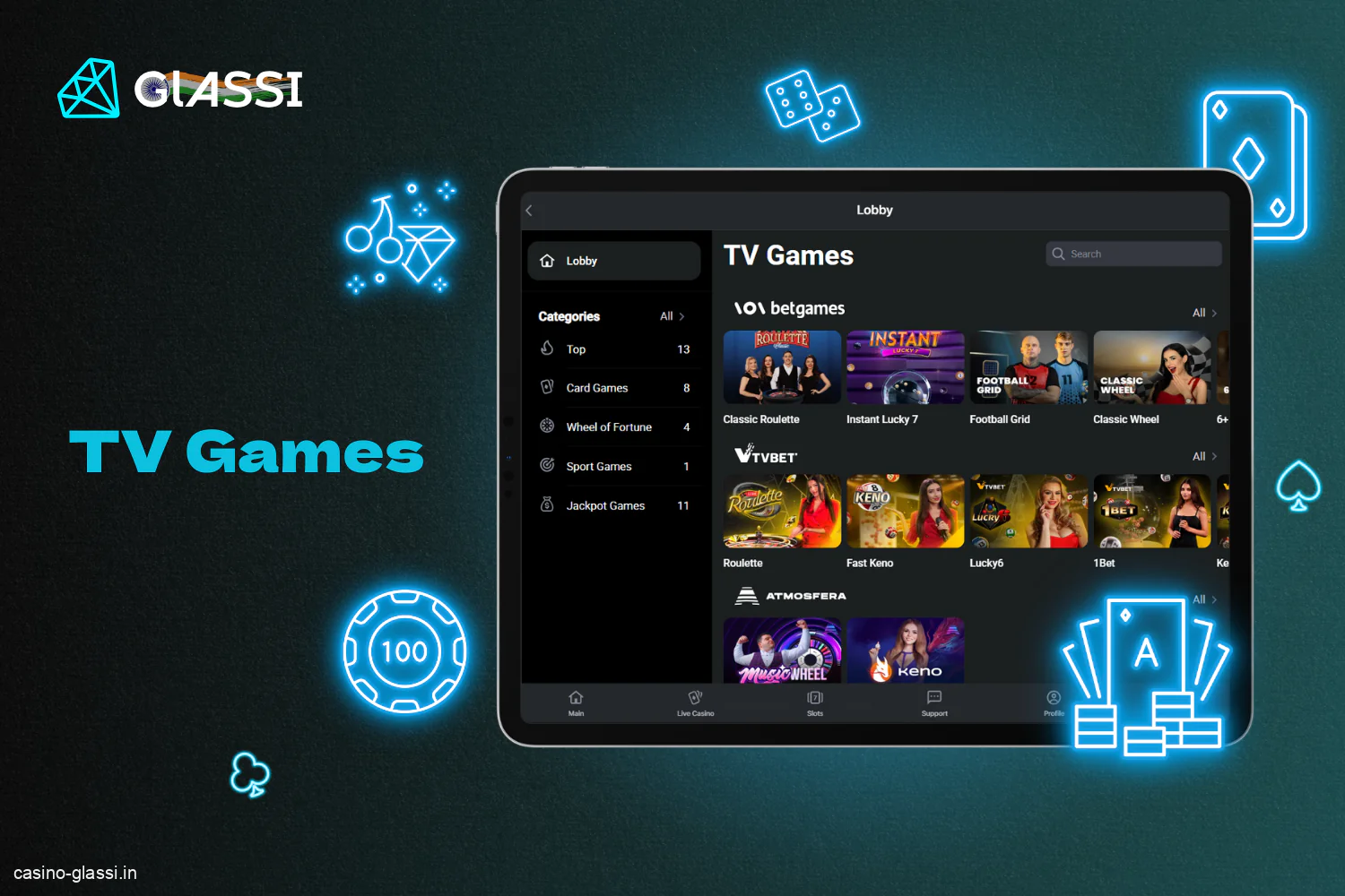 Glassi Casino has a wide range of TV games for players from India