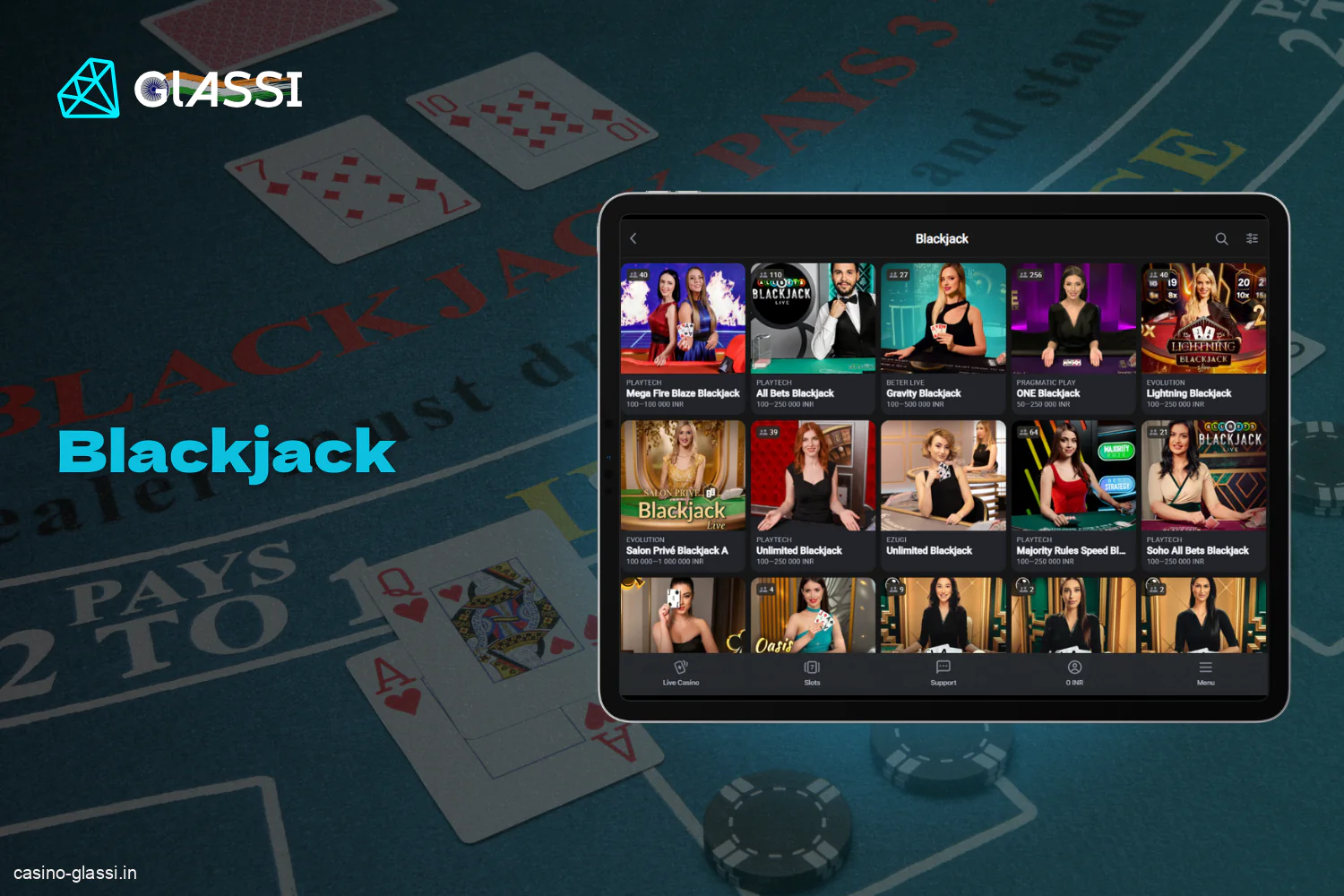 Glassi casino in India has a section with a large selection of blackjack games