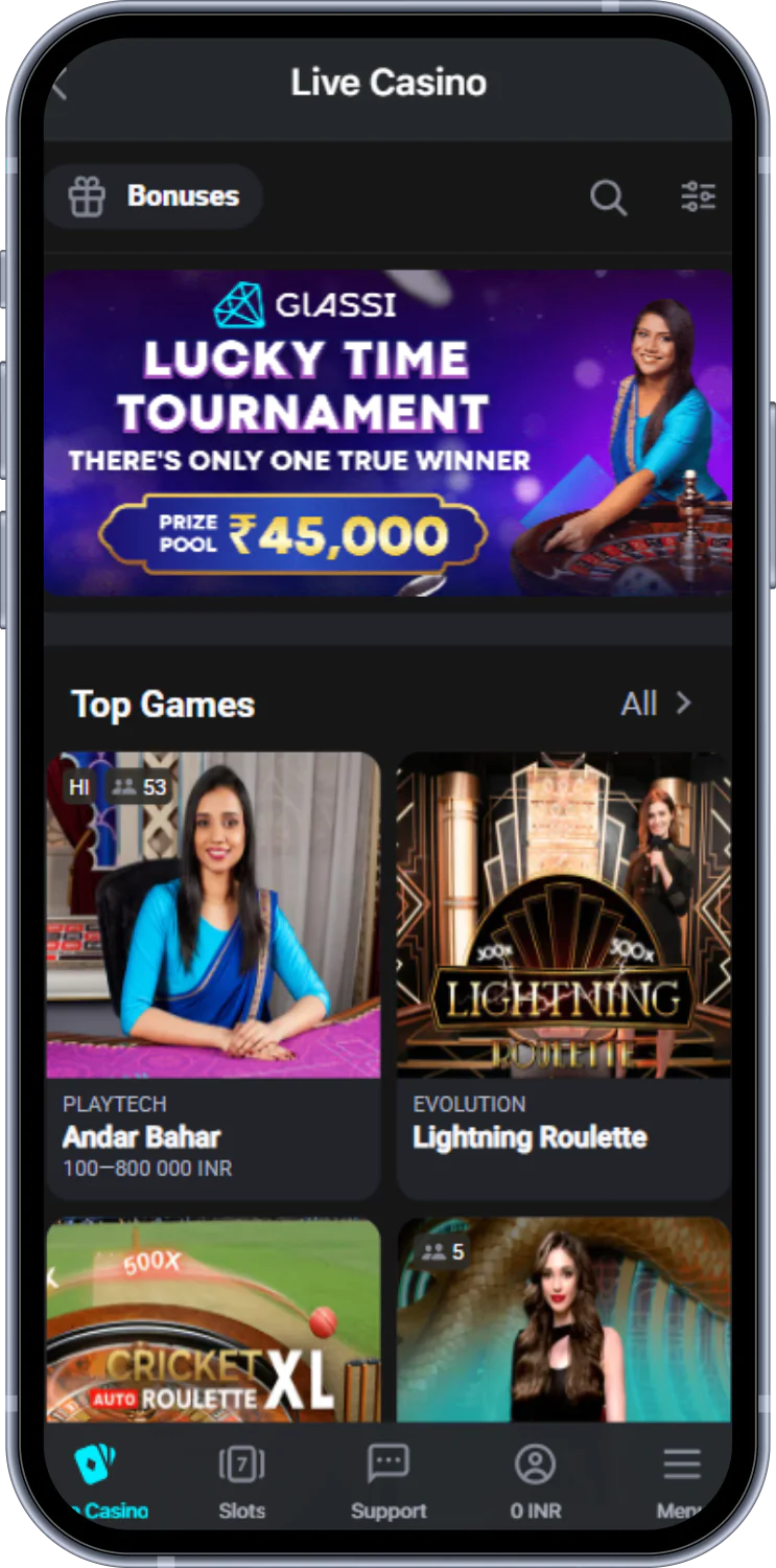 In the Glassi casino app, users from India have a live casino section