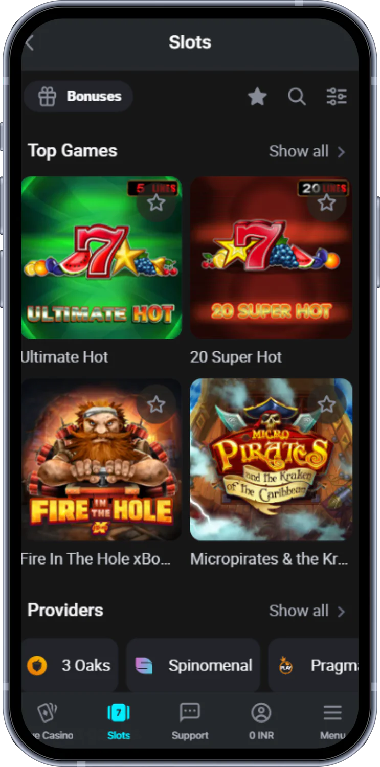 In the Glassi casino app, users from India have a section with a large selection of slots