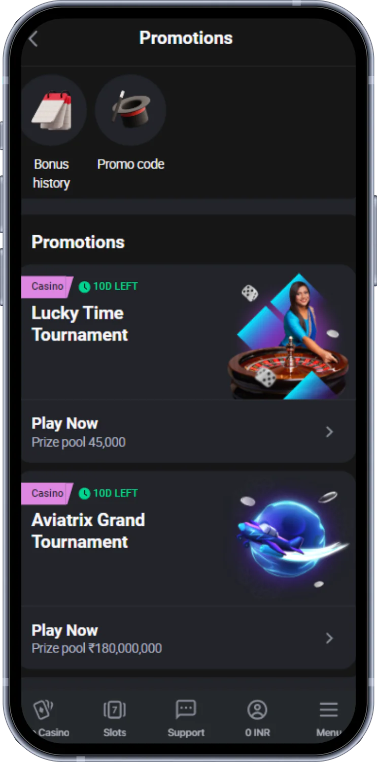 In the Glassi casino app, users from India have a section with promotions