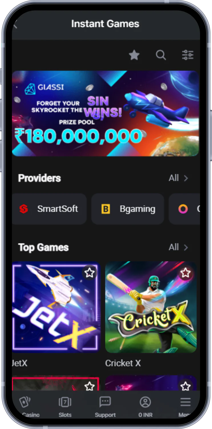 The Glassi casino app for users from India has a section with instant games