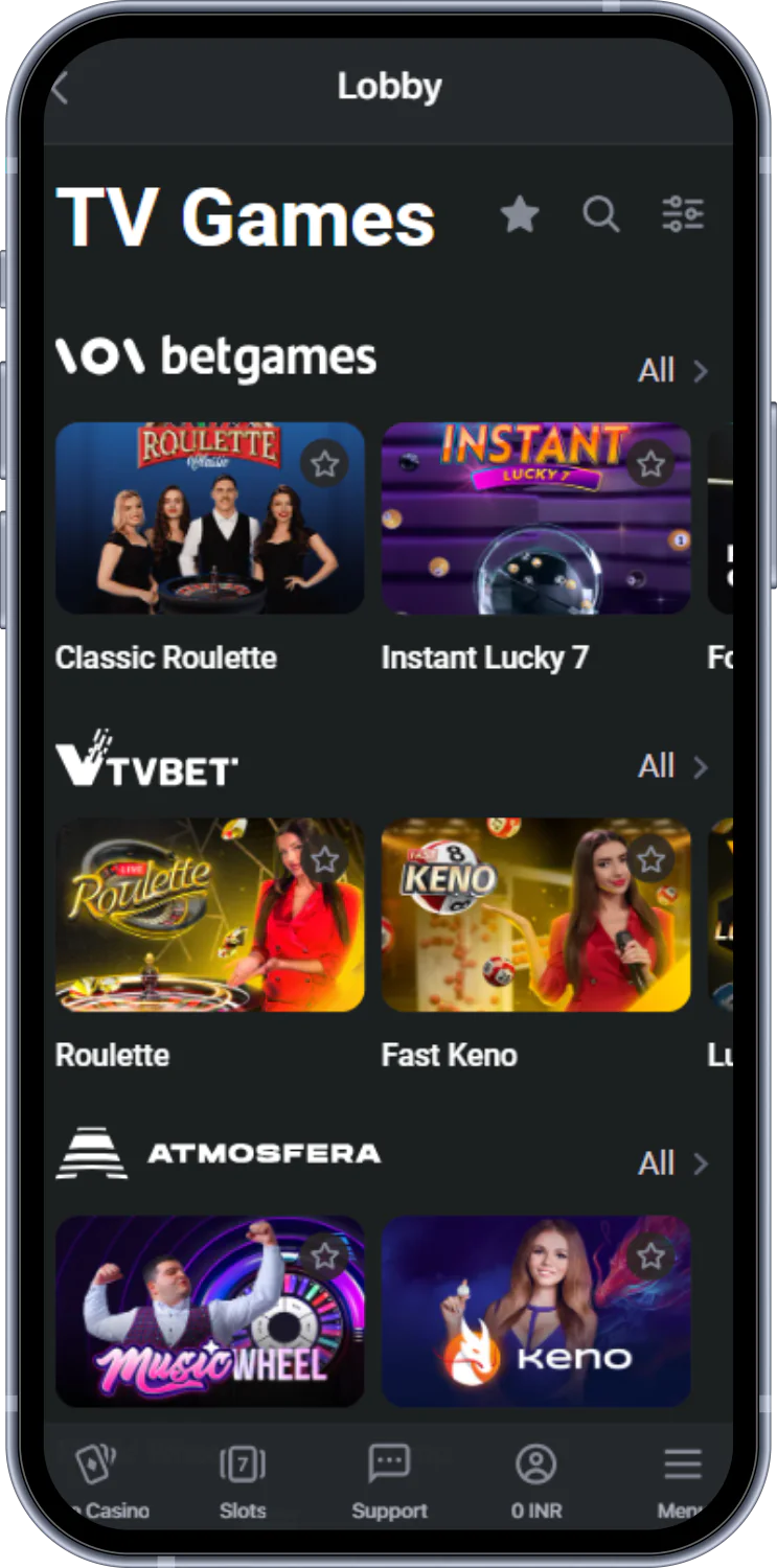 The Glassi casino app for users from India has a section with TV games