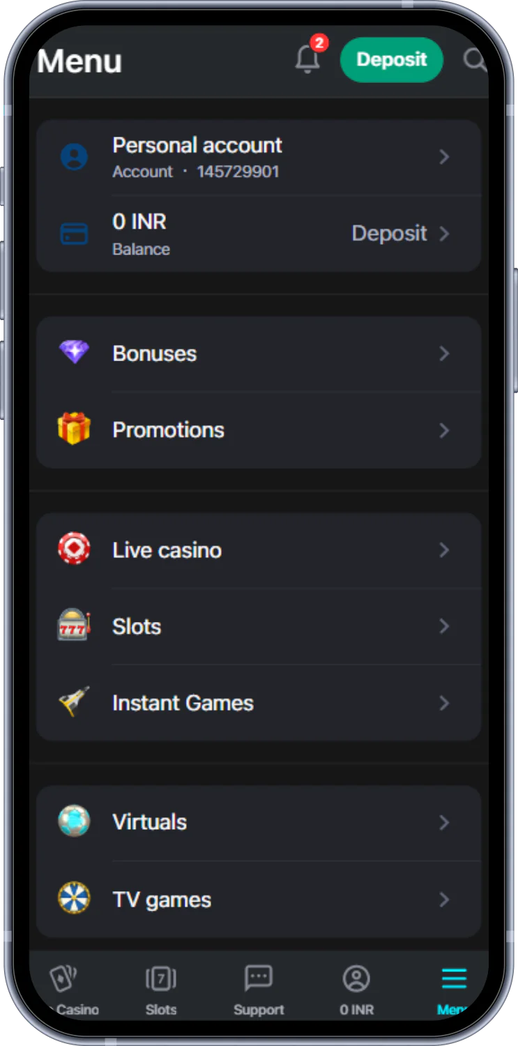 The Glassi casino app for users from India has a convenient menu